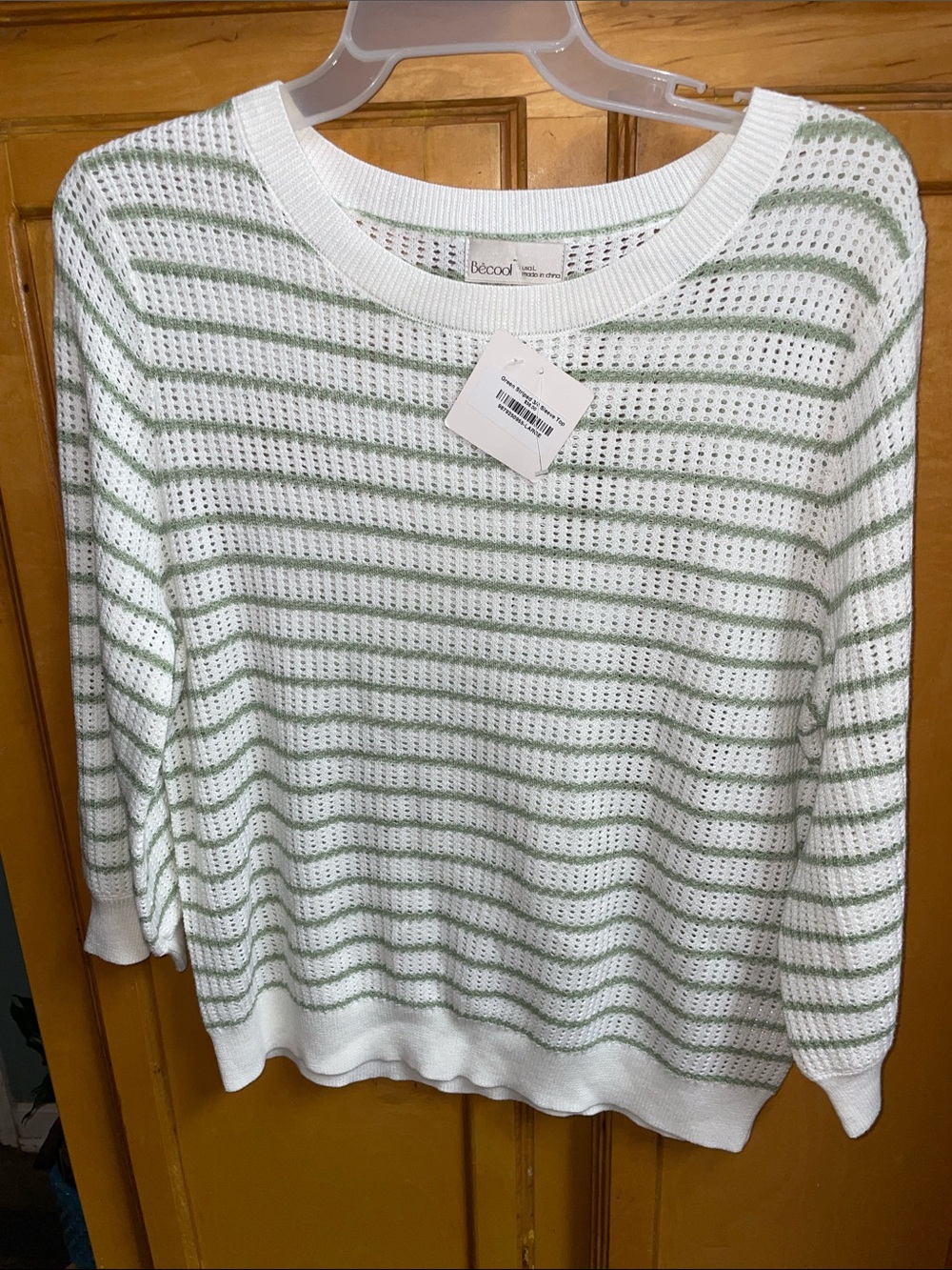 Becool green tripped 3/4 sleeve top, large